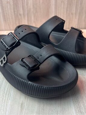 bebe Black Dual-Buckle Platform Slide Sandals